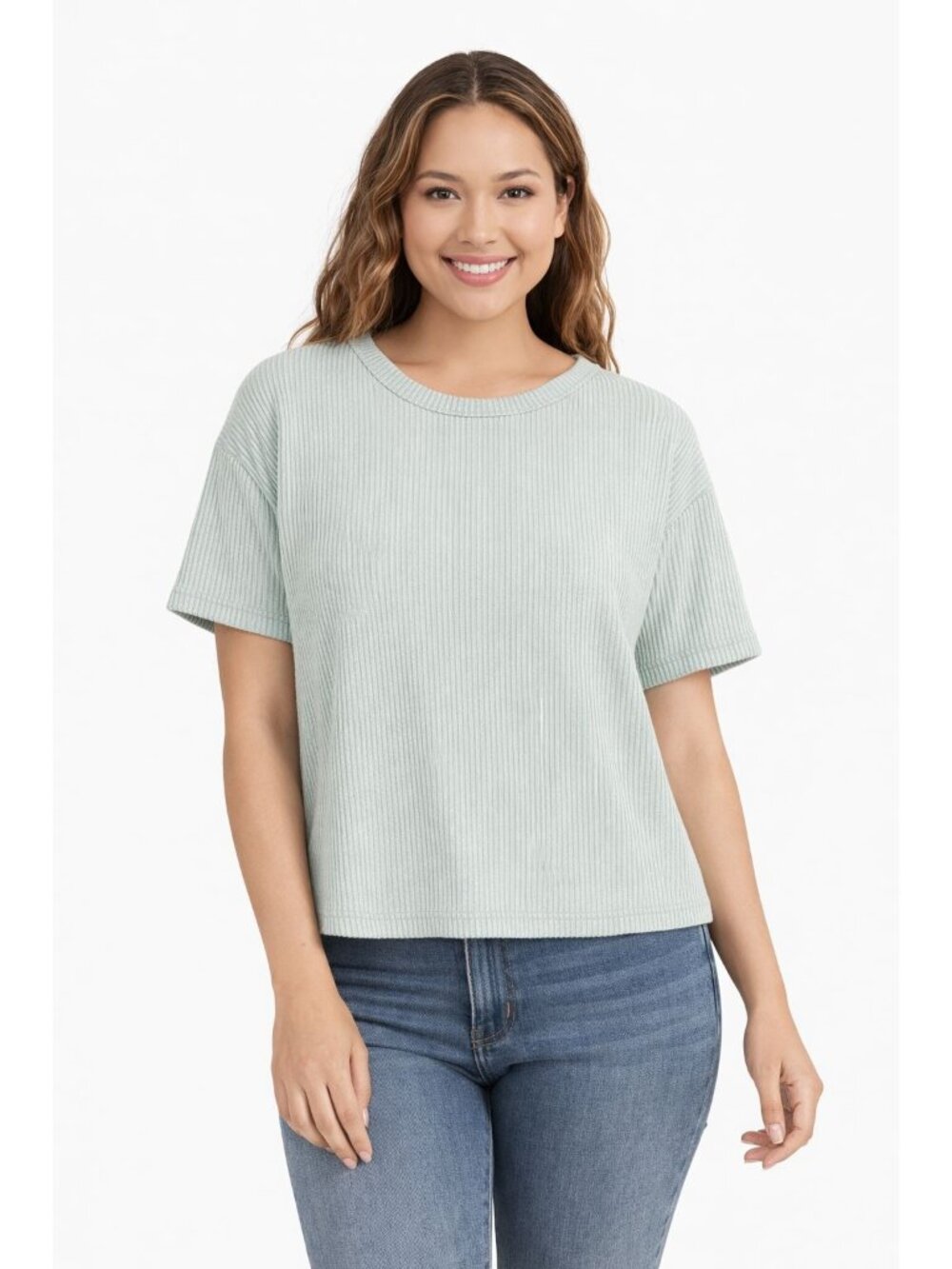 Mint Green Ribbed T-Shirt Size Small Short Sleeve Crew Neck Casual Top